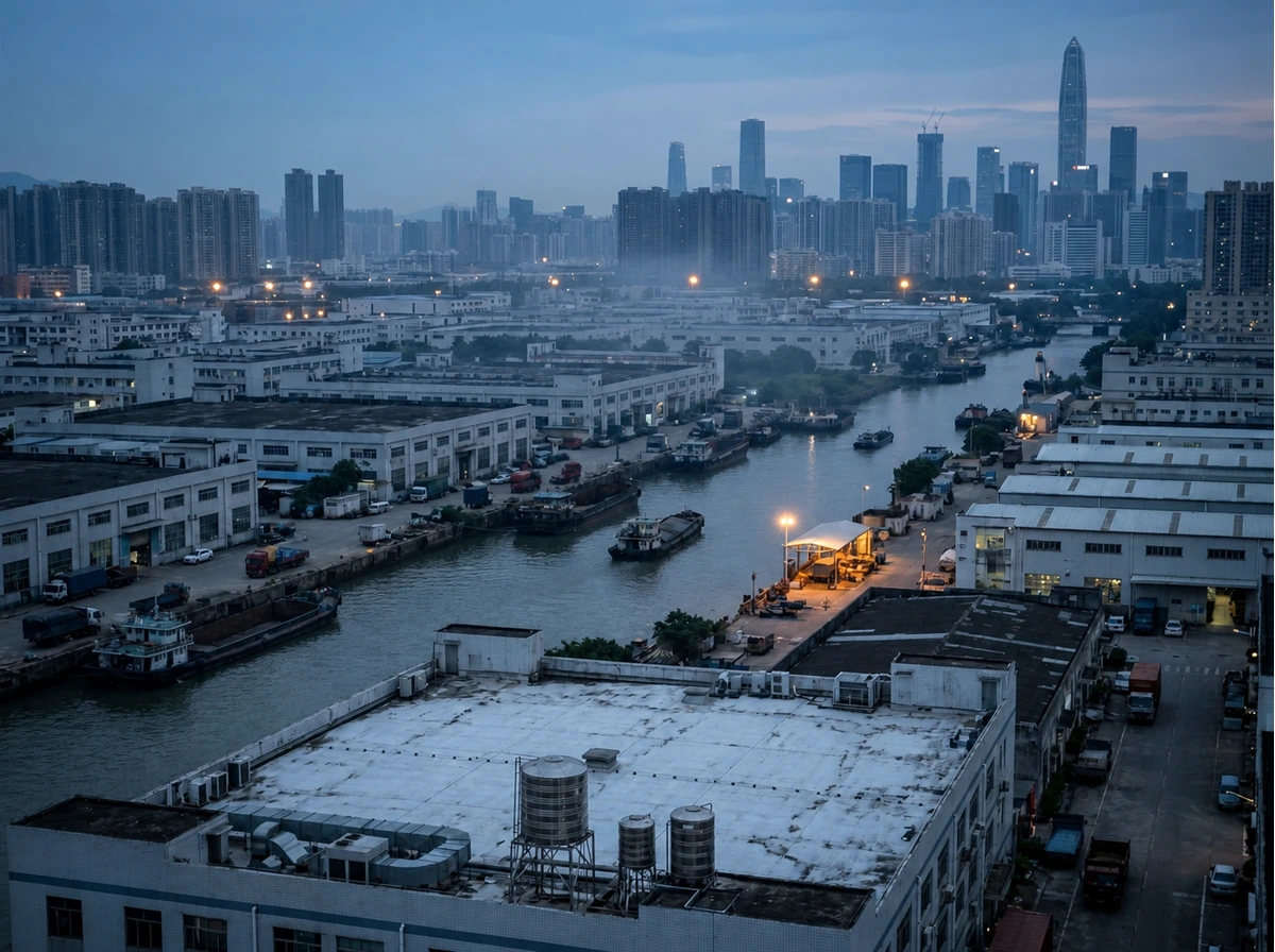 Industrial buildings and a cargo canal in the Pearl River Delta, with the Shenzhen skyline behind